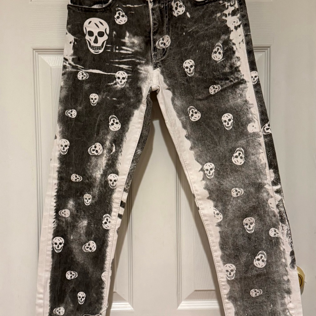 Skull Print Black And White Distressed Straight Leg 100% Cotton Unisex Jeans